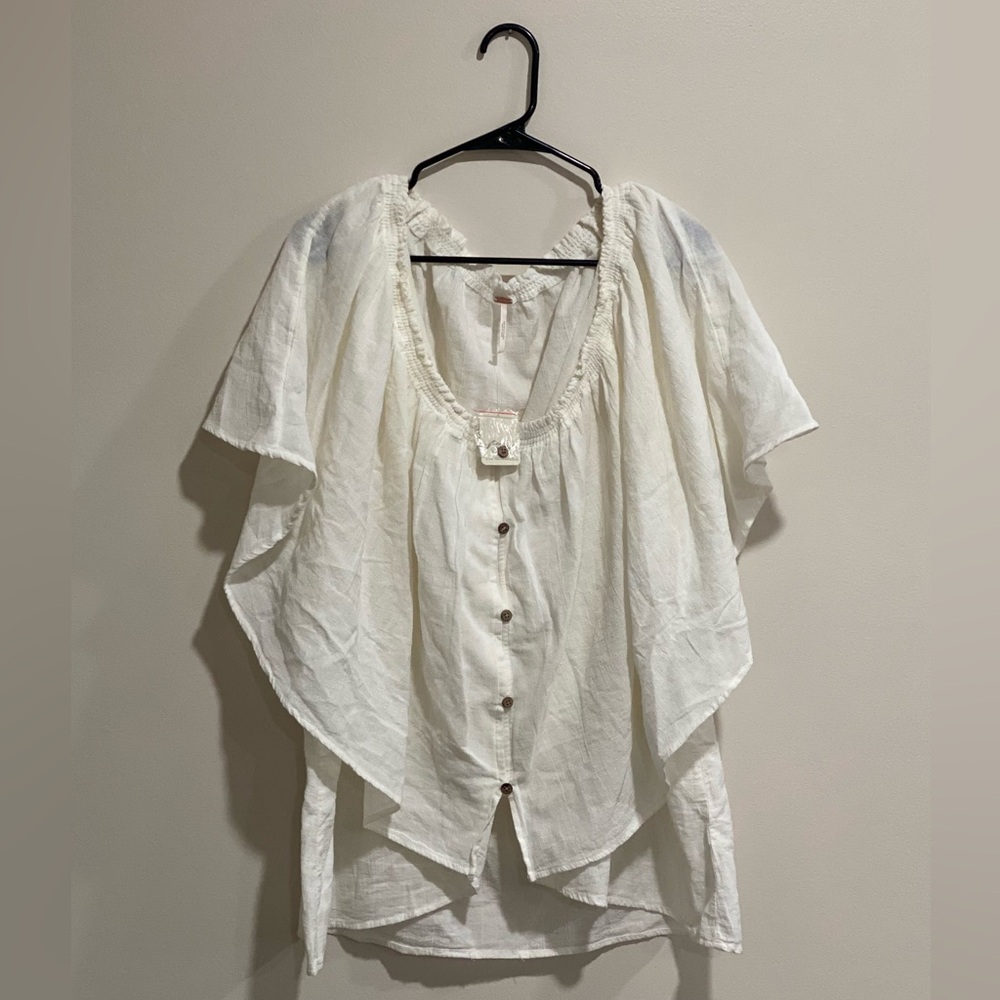 NWT Free People Thalia Flowy Linen Button Down Batwing Tunic Ivory Shirt Size M